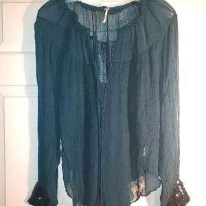 NWOT Free People Sheer Teal Long Sleeve Sequin Cuff Blouse Sz Lg